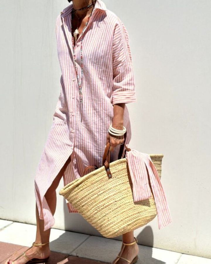 Colen - Classic Striped Lace Shirt Dress