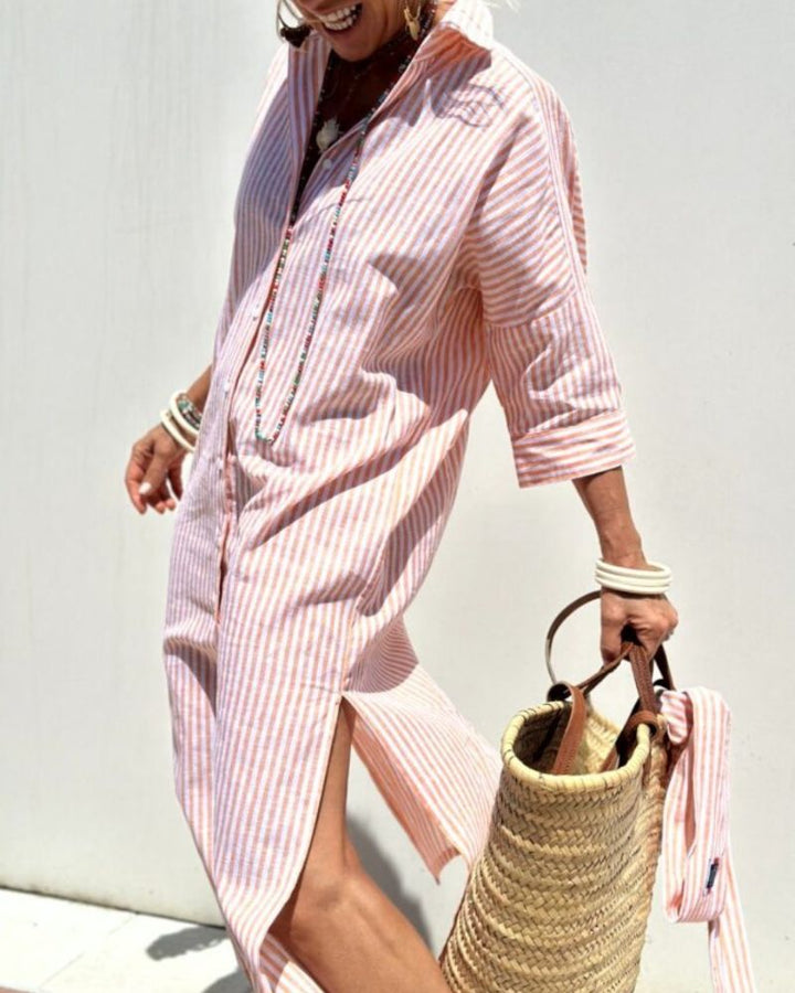 Colen - Classic Striped Lace Shirt Dress