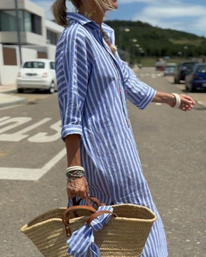 Colen - Classic Striped Lace Shirt Dress