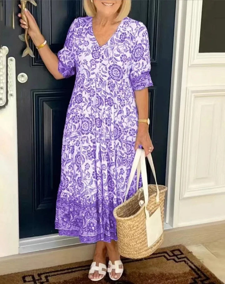 ARIA™ – Elegant Floral Dress with V-Neckline
