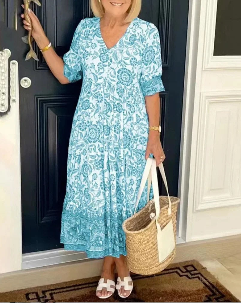 ARIA™ – Elegant Floral Dress with V-Neckline
