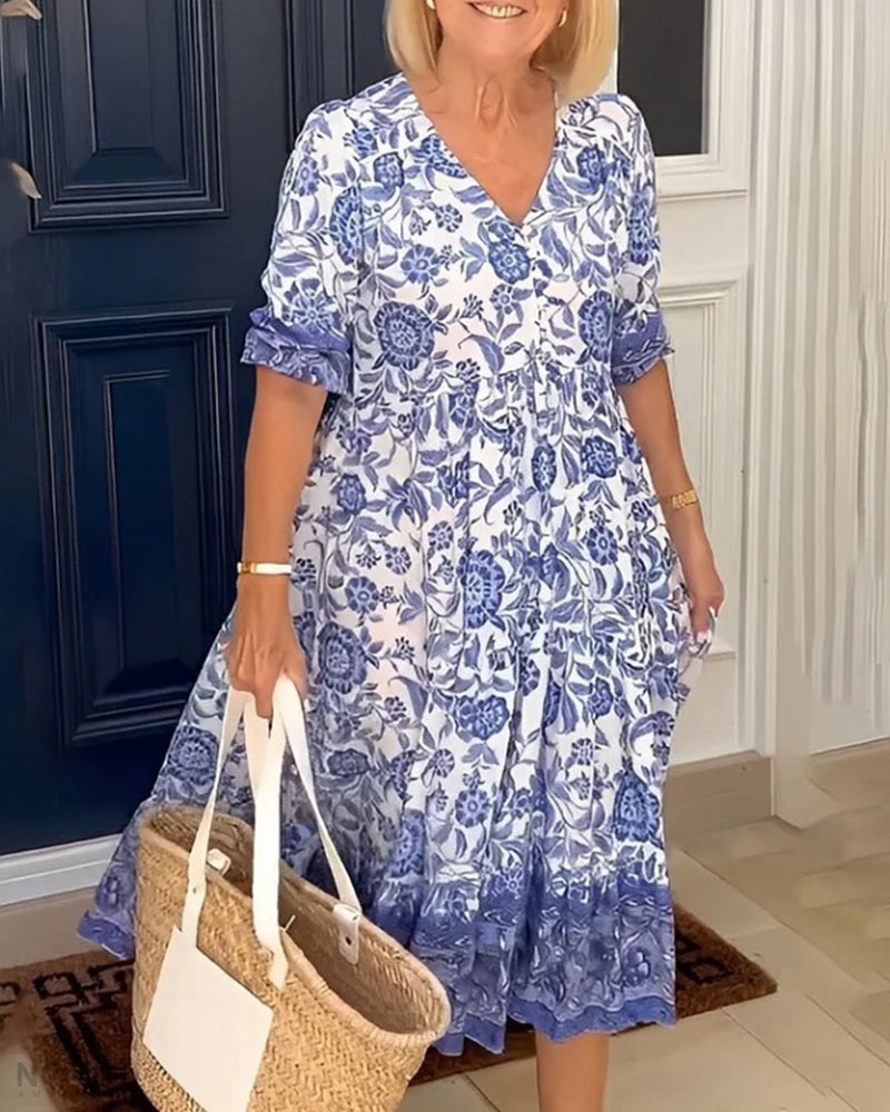 ARIA™ – Elegant Floral Dress with V-Neckline